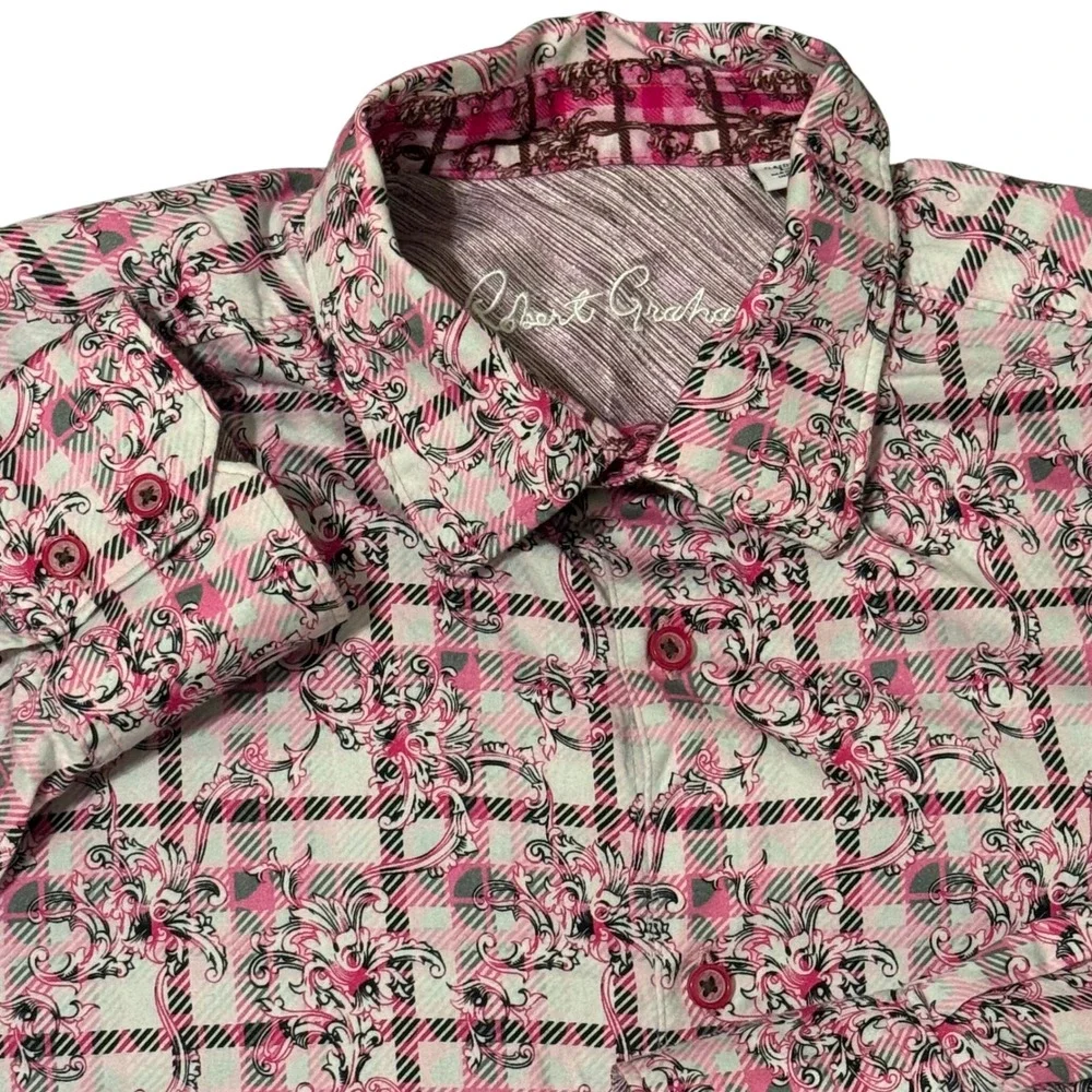 Robert Graham Vine Pink Plaid Floral Flip Cuff Long Sleeve Classic Fit Men Shirt